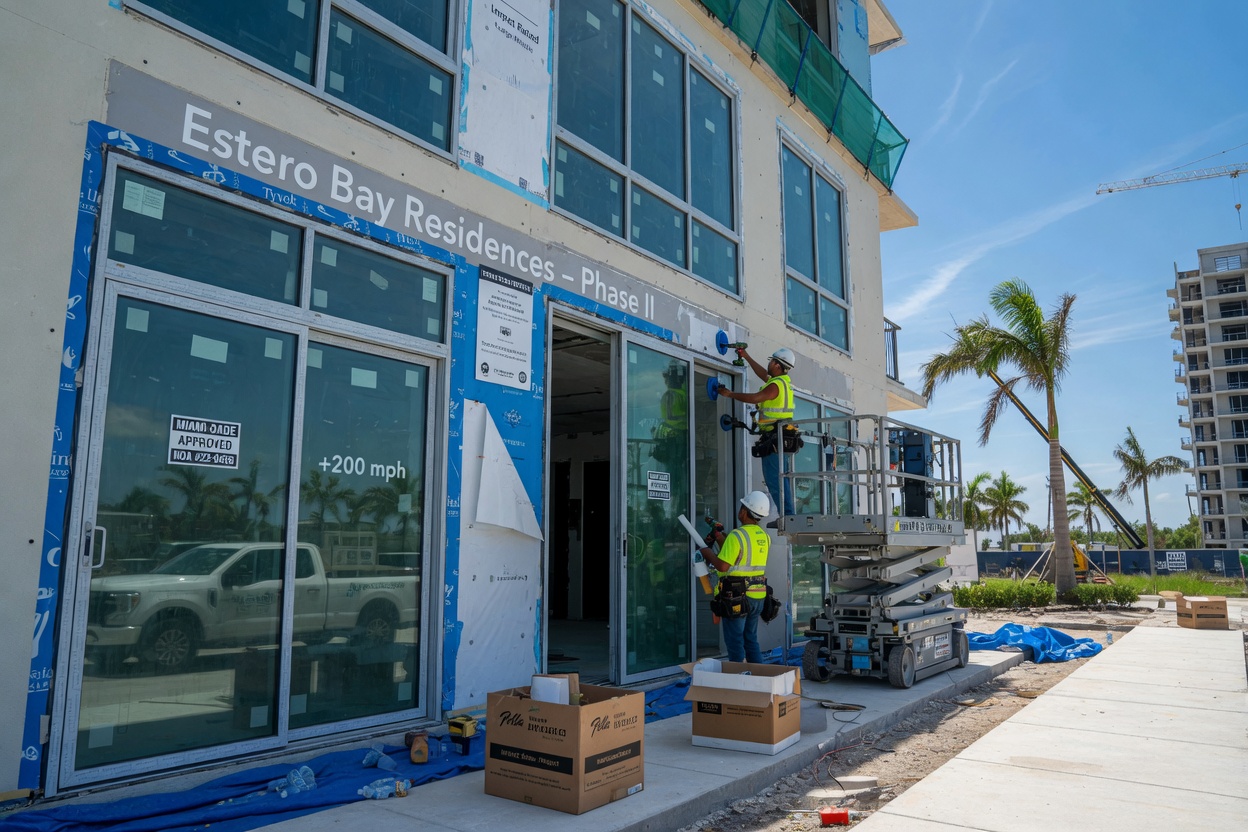 Ultra-realistic 8K photograph of hurricane impact windows and doors being installed on a new condominium building in Estero Florida under bright sunlight