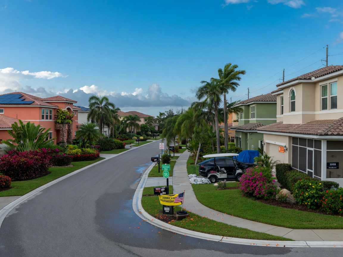 Ultra-realistic 8K photograph of Estero Florida residential street in 33928 zip code with lush landscaping, modern homes, and clear blue sky during hurricane season