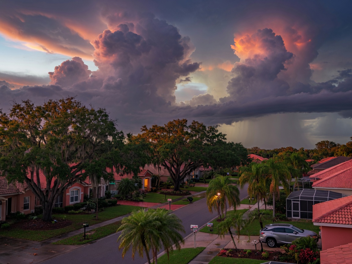 Ultra-realistic 8K image of Southwest Florida summer storm clouds gathering over the Oaks of Estero neighborhood at dusk