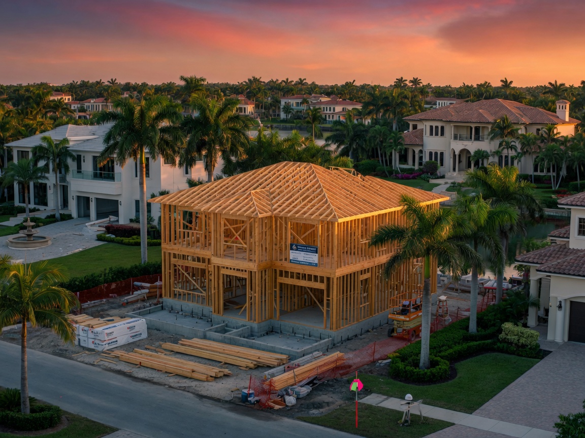 8K cinematic photograph of a new luxury custom home construction site in Naples Florida with framing completed, surrounded by mature palm trees and neighboring estates