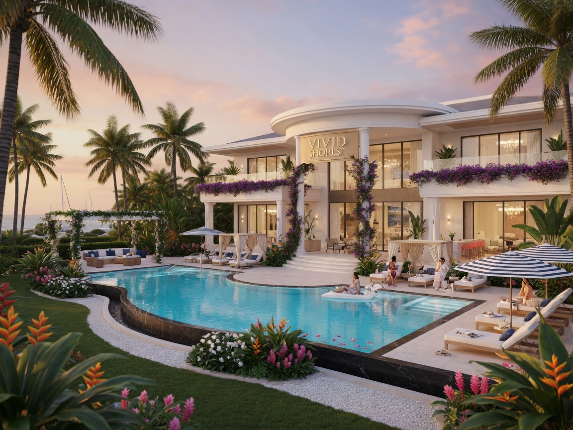 Elegant 14,000 square foot Vivid Shores clubhouse rendering with resort-style swimming pool, lounge areas, and lush tropical landscaping in ultra-realistic 8K architectural visualization