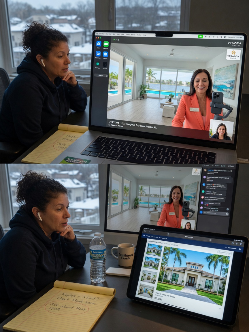 Ultra-realistic 8K image of a buyer on a video call from another state viewing a Naples Florida property tour with their agent on screen, modern home interior visible, technology setup