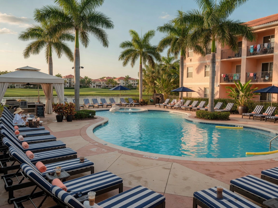 Ultra-realistic 8K image of a resort-style swimming pool area at an upscale Naples condo community in Estero 33928 with lounge chairs and palm trees