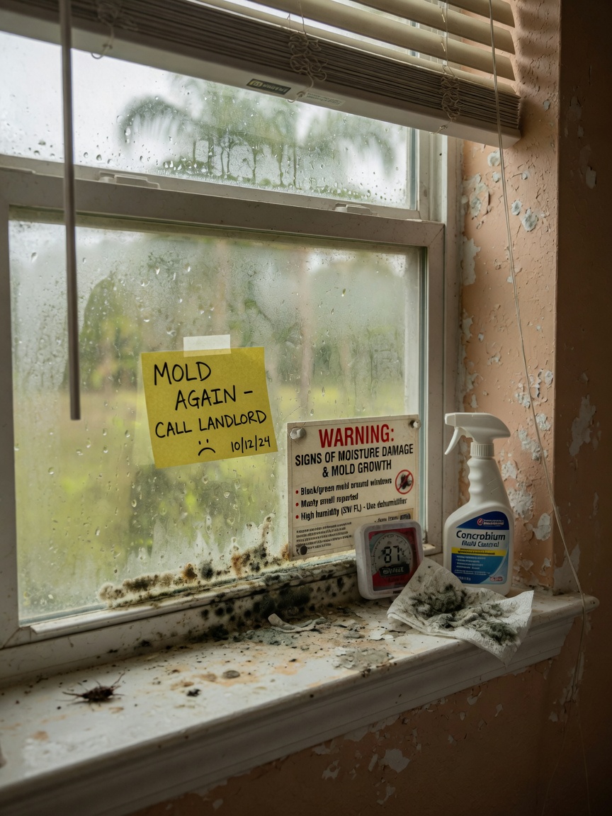 Ultra-realistic 8K image of warning signs of needed Favorites including mold growth around a window frame in a humid Southwest Florida home interior