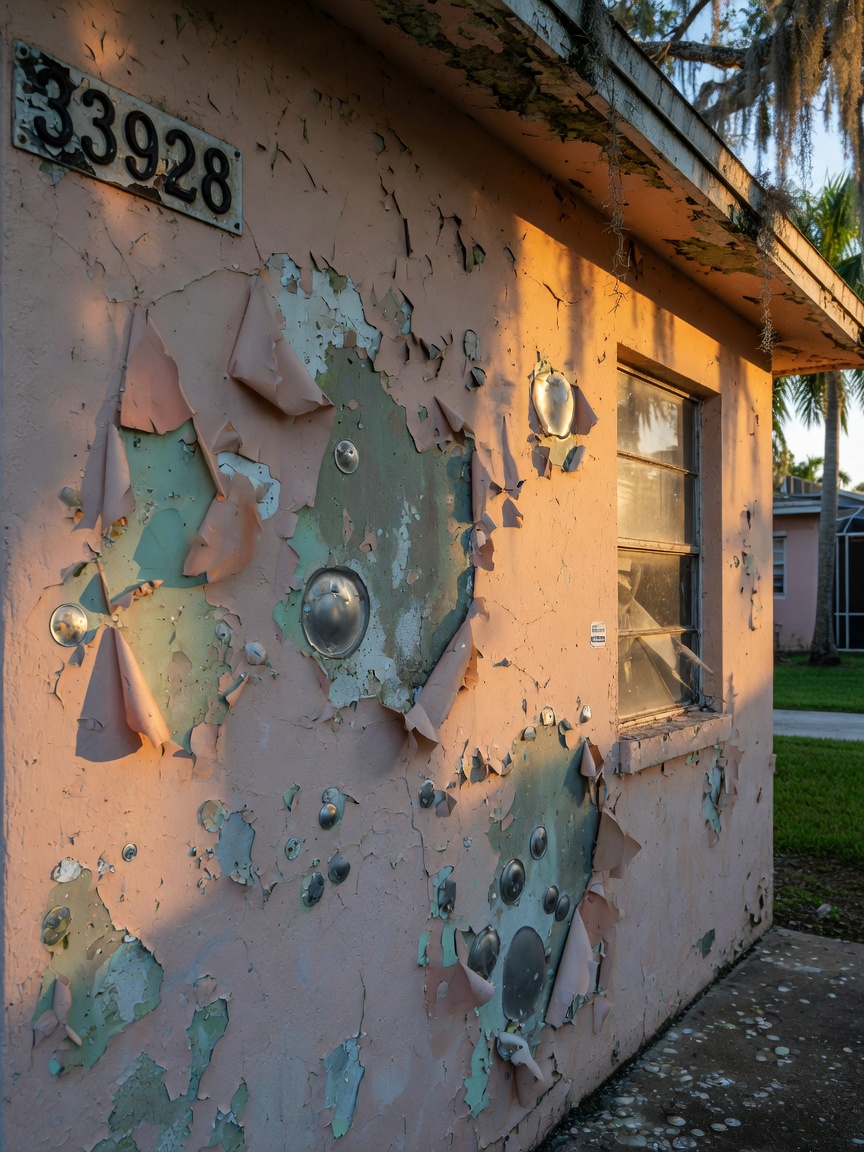 Detailed 8K photo of peeling exterior paint and blistering caused by high humidity on a home in Estero Florida 33928