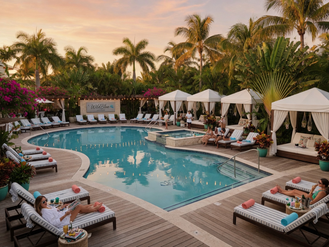 Resort-style swimming pool complex at WildBlue Estero with cabanas, lounge chairs and tropical vegetation, golden hour lighting, photorealistic 8K