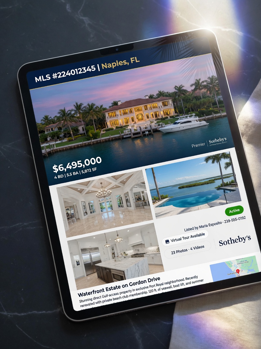 Ultra-realistic 8K close-up of a Naples Florida luxury home MLS listing displayed on a modern tablet screen showing property details, price, and high-resolution photos