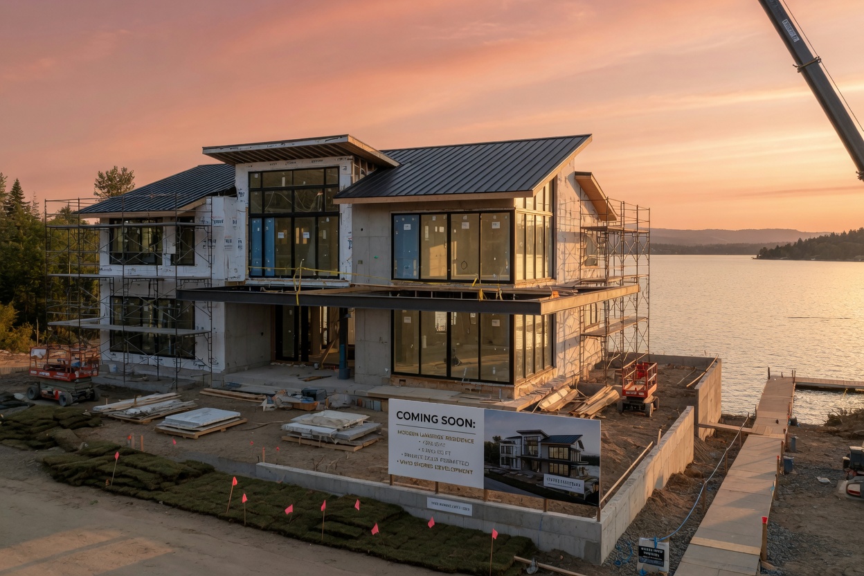 Luxurious single family home under construction on 90-foot lot in Vivid Shores with lake view, featuring modern architecture, large windows and private dock potential in golden sunlight
