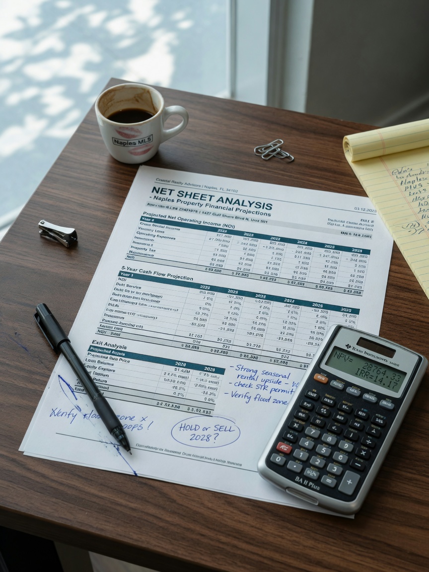 Detailed ultra-realistic 8K photograph of a professional net sheet analysis document with Naples property financial projections, calculator, and pen on a desk, natural window light