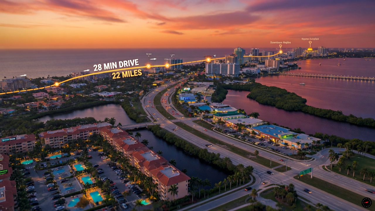 Ultra-realistic 8K aerial view showing drive time distance between Estero Florida condominium communities and downtown Naples at sunset