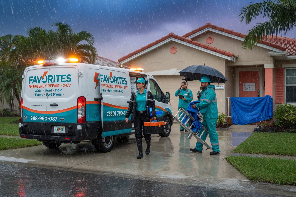 Ultra-realistic 8K photograph of same day Favorites emergency repair crew arriving at an Estero home with service van parked on driveway during rainstorm