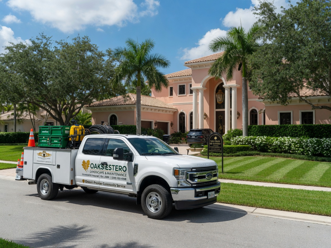 Local service truck parked in front of a luxury home in Oaks of Estero community, professional branding, bright daylight 8K