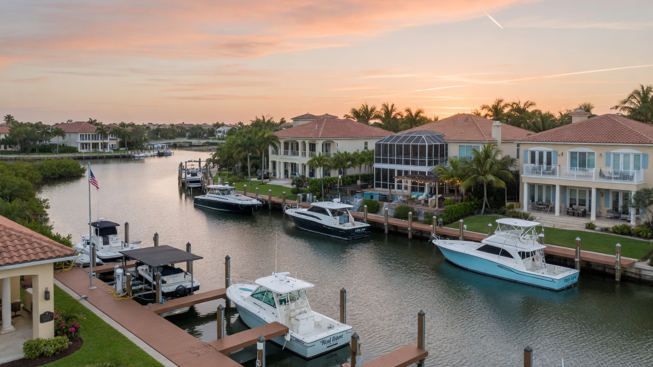 Waterfront view of West Bay Club The Island neighborhood in Estero Florida with luxury homes and private docks, realistic 8K photography style