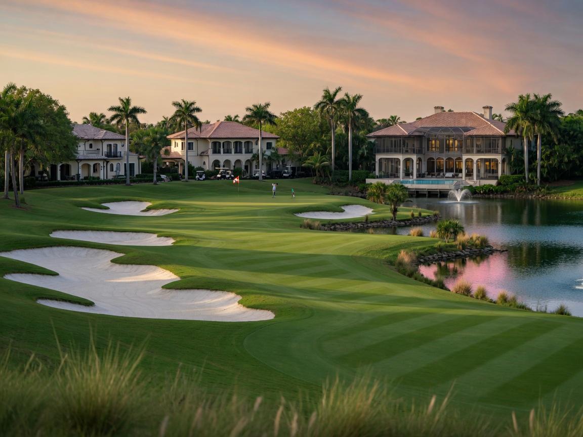 Professional 8K image of Tom Fazio designed golf course fairway at Mediterra Naples with bunkers, water hazards, and luxury homes visible in the distance