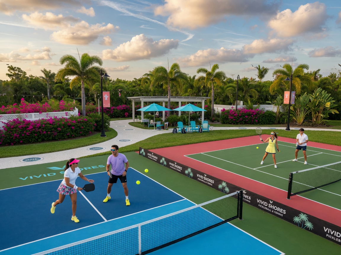 Pickleball and tennis courts at Vivid Shores community with players enjoying the facilities, surrounded by beautiful landscaping and Florida sky in realistic 8K photography style