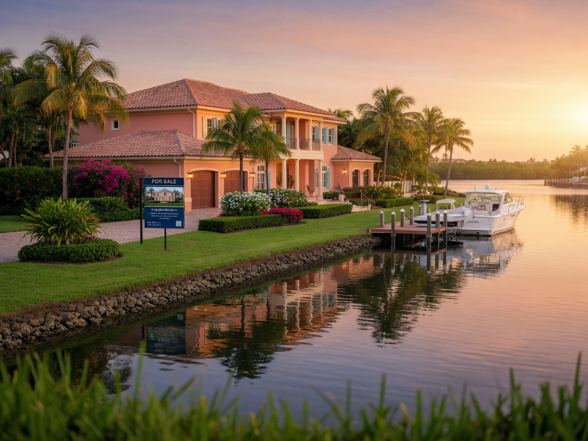 Ultra-realistic 8K image of a luxury waterfront home in Naples Florida with For Sale sign, golden hour lighting reflecting on water, meticulously maintained landscaping