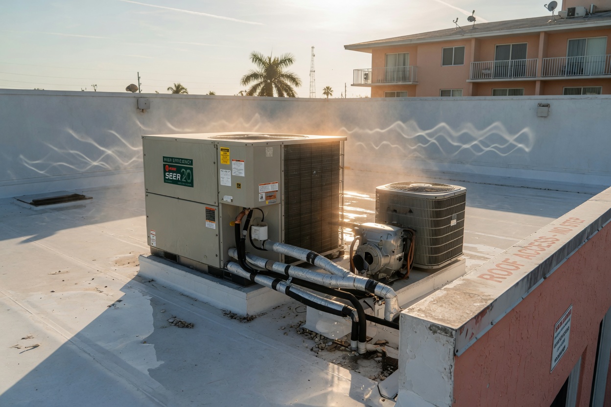 Ultra-realistic 8K close-up of energy efficient HVAC system on roof of Southwest Florida condominium building with heat haze visible