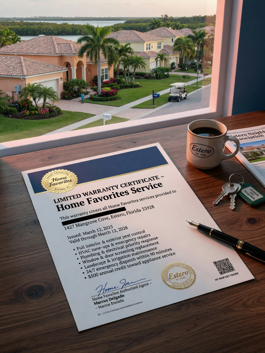 Ultra-realistic 8K image of detailed written warranty document for home Favorites service placed on wooden table with Estero Florida neighborhood visible through window