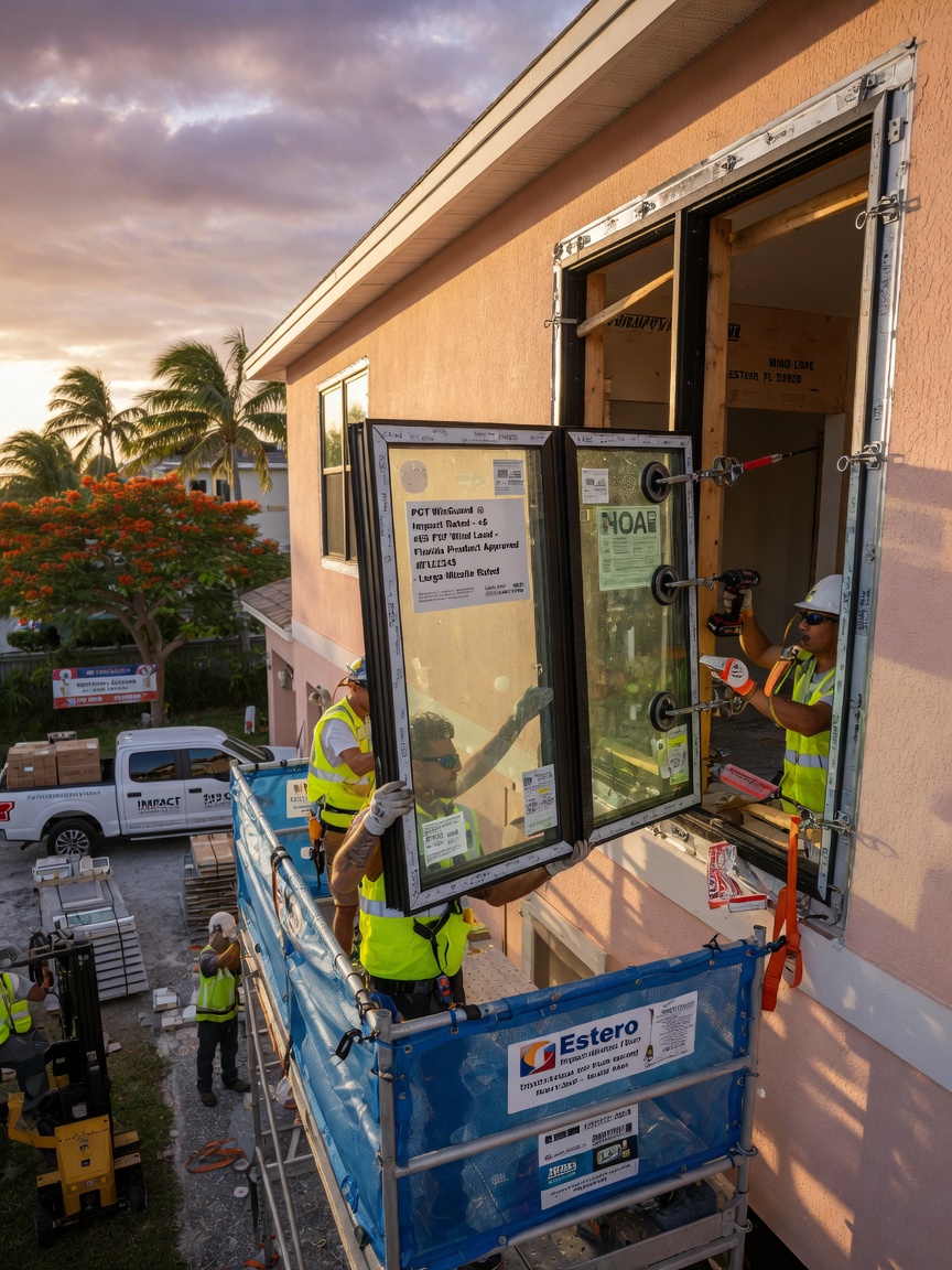 Ultra-realistic 8K image of impact resistant hurricane windows being installed on a house in Estero Florida meeting wind load codes