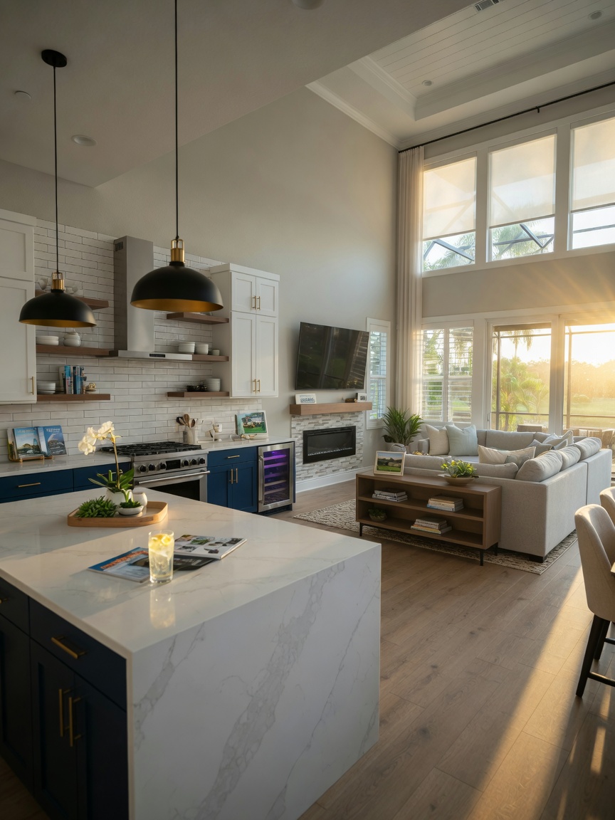 Interior of Toll Brothers Summercrest townhome model in Estero with modern open-concept kitchen and living area, natural light, ultra-realistic 8K