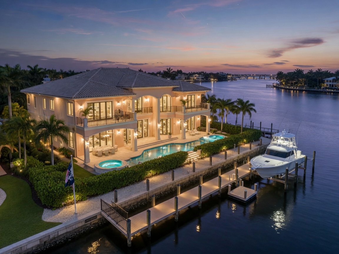 Ultra-realistic 8K waterfront luxury home in Naples Florida with private dock, boat lift, and expansive water views at twilight with illuminated exterior lighting