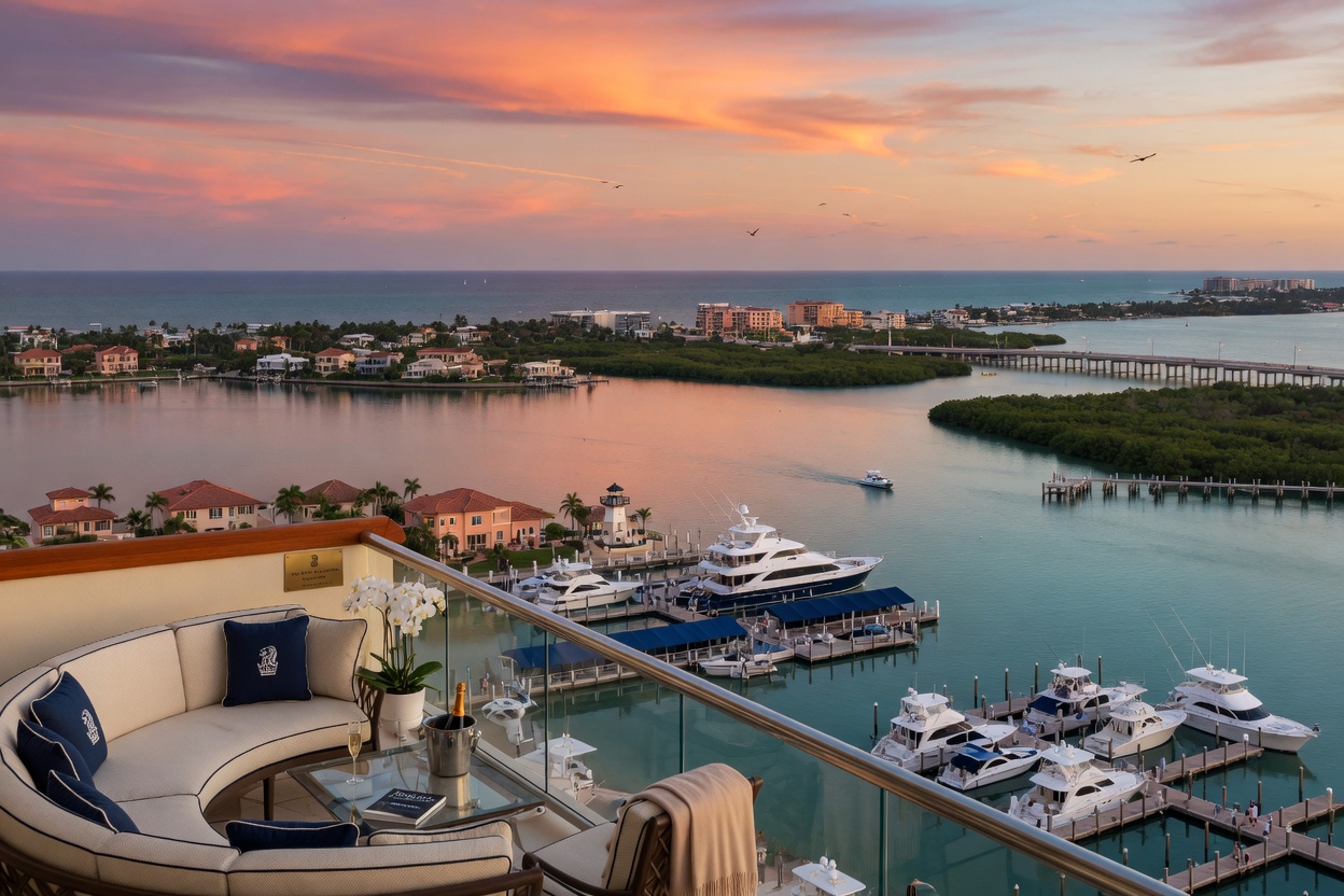 Stunning waterfront view from The Ritz-Carlton Residences Estero Bay tower balcony showing Estero Bay, marina, and distant Gulf of Mexico with luxury furniture in foreground