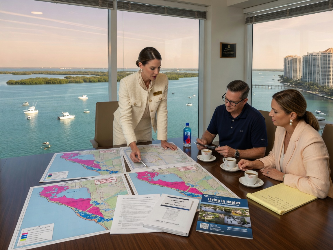 Ultra-realistic 8K photograph of a real estate agent explaining flood zone maps and insurance documents to clients at a conference table with Naples bay view in background