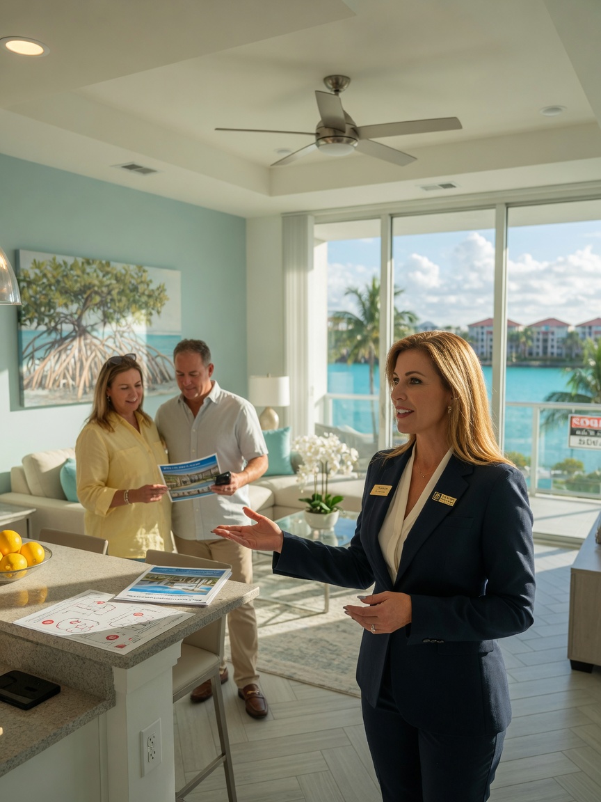 Ultra-realistic 8K photograph of professional real estate agent showing Naples condo unit in Estero to potential buyers during daytime