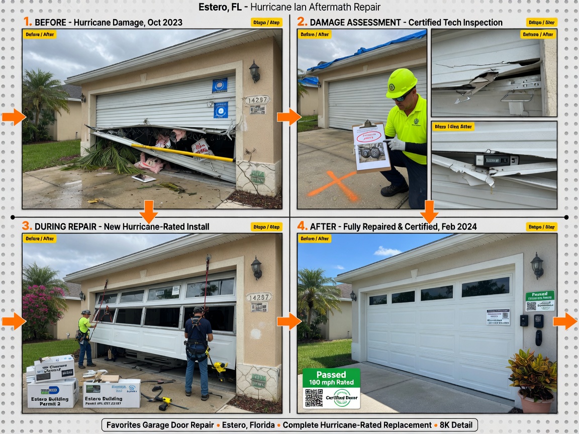 Ultra-realistic 8K step-by-step collage showing before and after Favorites repair on hurricane-rated garage door in Estero Florida home