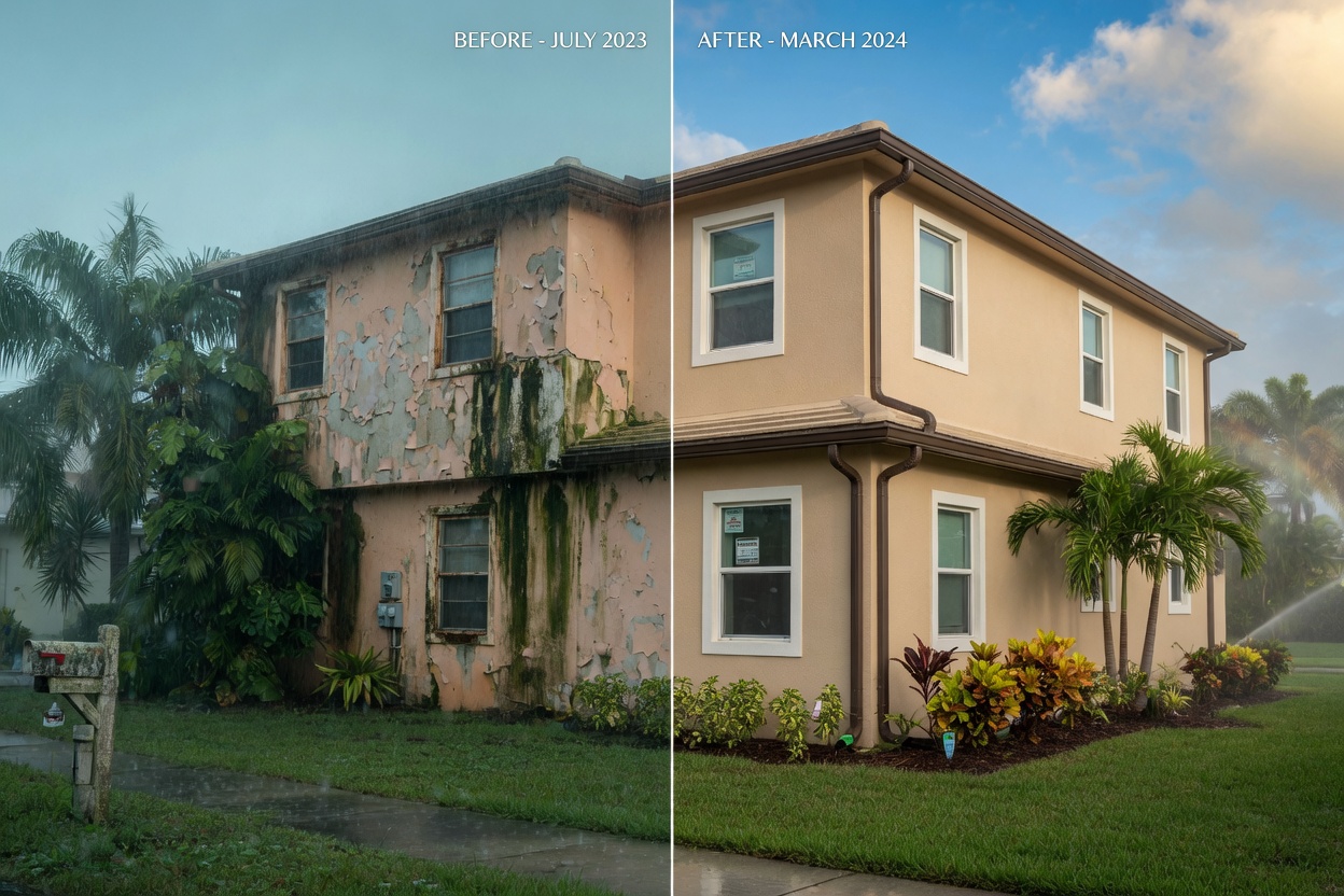 Before and after split view of exterior home coating restoration in humid Southwest Florida climate, 8K ultra-realistic