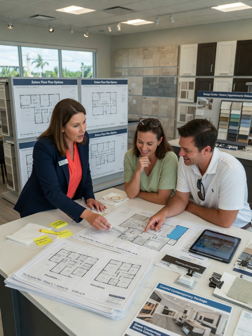 Professional real estate agent reviewing new construction floor plans with couple at builder design center in Estero FL, natural expressions, 8K detail