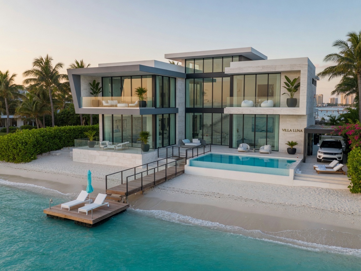 8K detailed photograph of a Naples beachfront luxury residence with direct beach access, modern architecture, and turquoise Gulf waters in the foreground