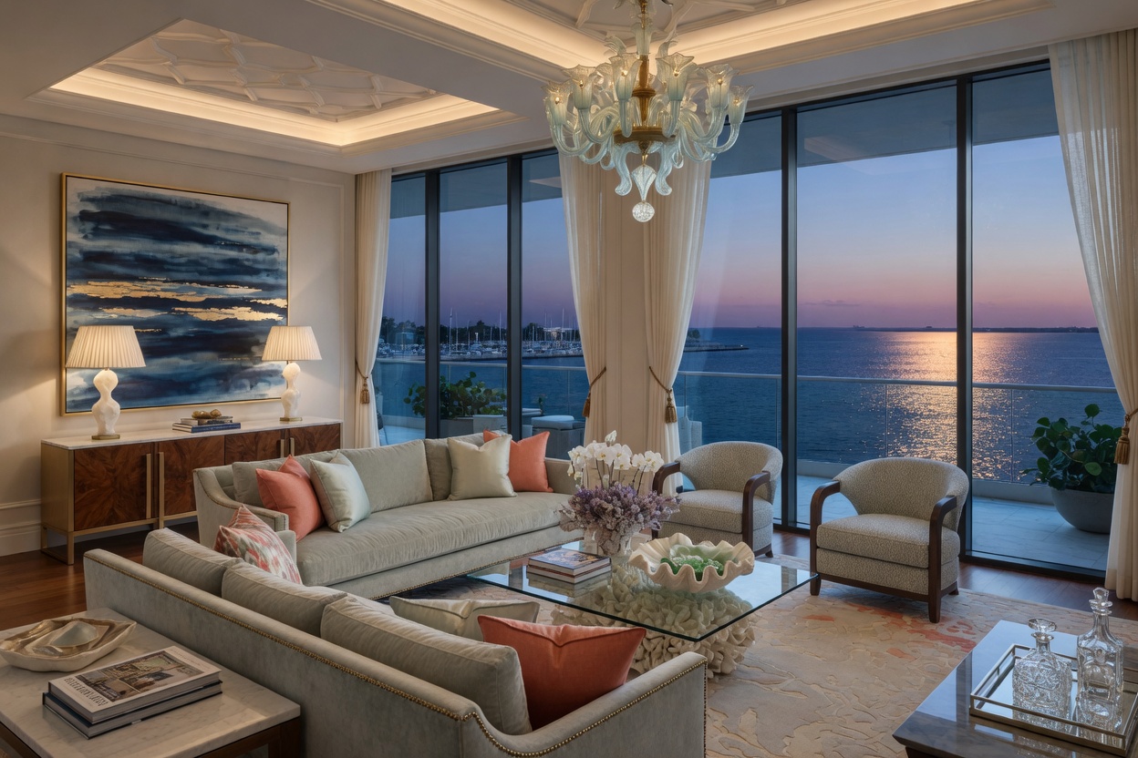 Opulent Ritz-Carlton Residences living room interior with floor-to-ceiling glass walls overlooking water, contemporary elegant furnishings, and sophisticated coastal color palette in 8K detail