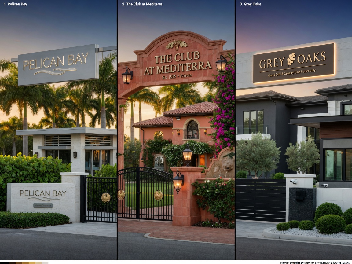 Ultra-realistic 8K image showing comparison of three different Naples Florida gated community entrance signs and architectural styles side by side, professional real estate context