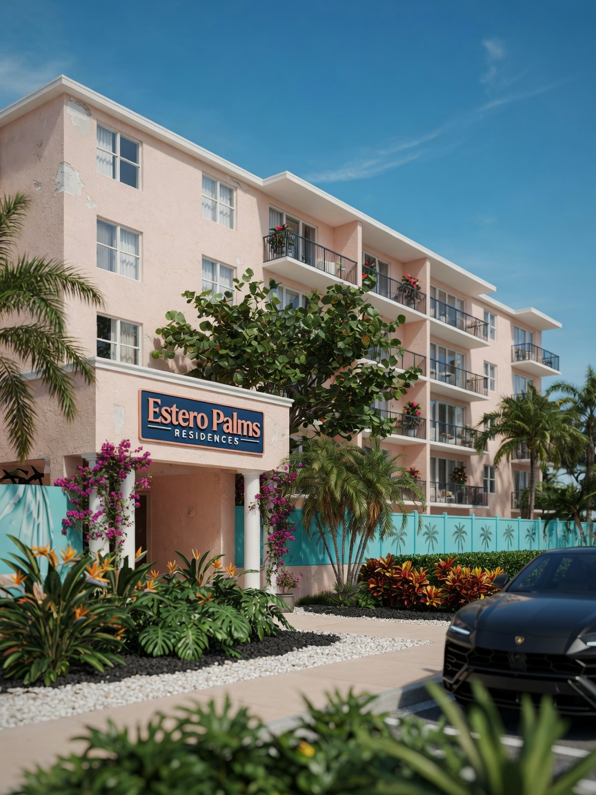 Ultra-realistic 8K image of Estero Florida condominium exterior featuring stucco finish, tropical landscaping, and clear blue sky