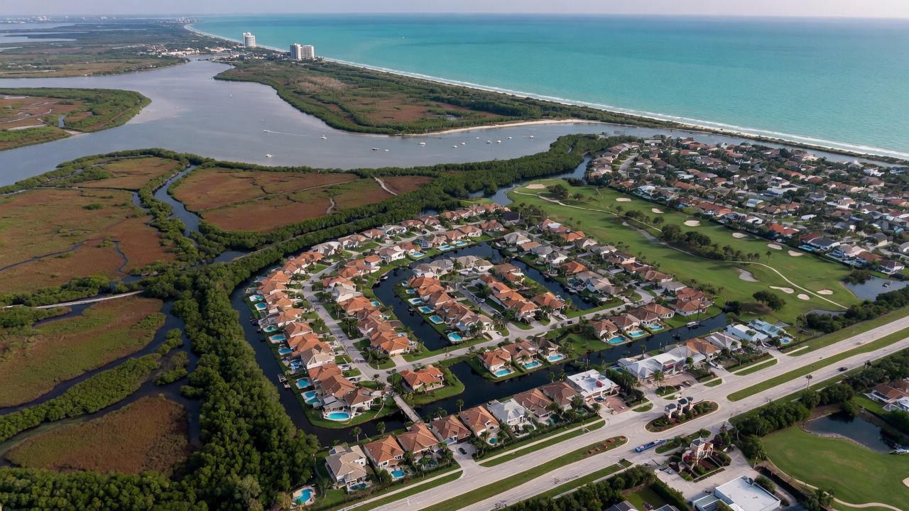 Ultra-realistic 8K aerial view of Estero Florida 33928 community showing proximity to Gulf of Mexico, wetlands, and residential neighborhoods
