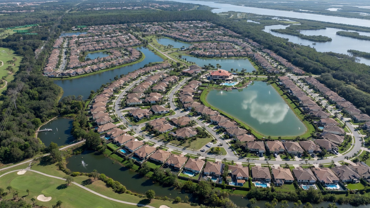 Aerial ultra-realistic 8K photograph of the entire Oaks of Estero community in Estero Florida with preserves and lakes visible
