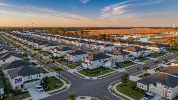 Ultra-realistic 8K aerial photograph of new construction homes in Estero Florida 33928 along Corkscrew Road with modern Lennar and Pulte communities, lush landscaping, blue skies, and distant wetlands, golden hour lighting, highly detailed
