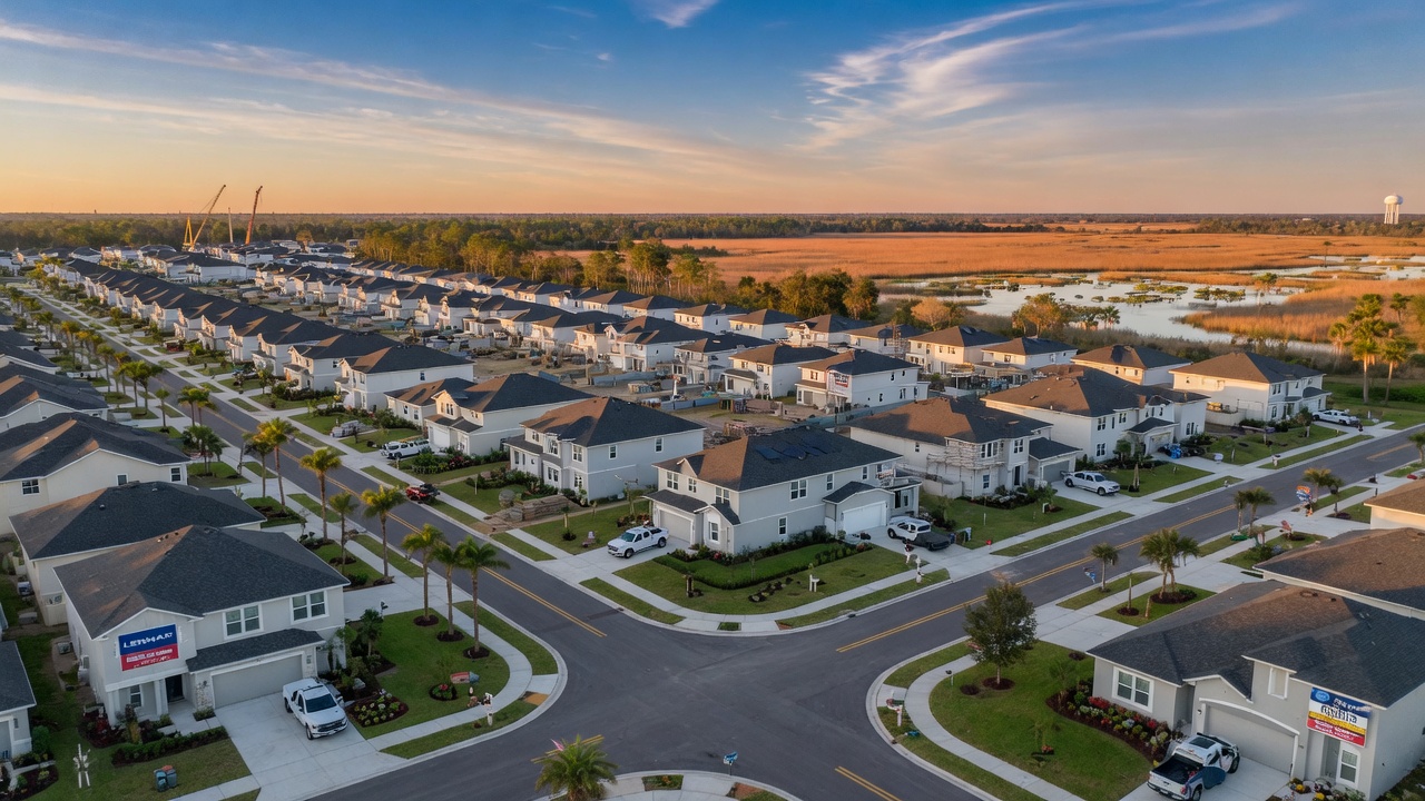 Ultra-realistic 8K aerial photograph of new construction homes in Estero Florida 33928 along Corkscrew Road with modern Lennar and Pulte communities, lush landscaping, blue skies, and distant wetlands, golden hour lighting, highly detailed