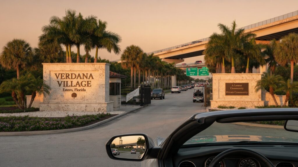 Ultra realistic 8K photograph of a driver approaching palm-lined stone entrance monuments to Verdana Village community in Estero Florida at golden hour with I-75 visible in background