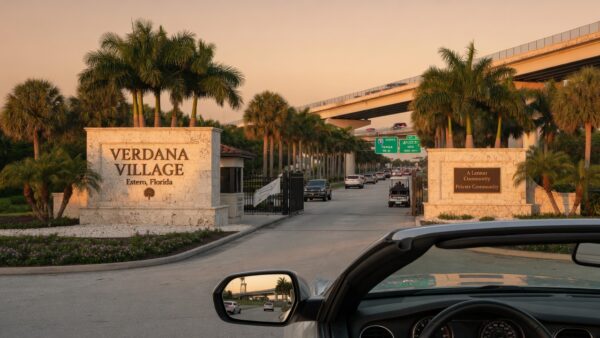 Ultra realistic 8K photograph of a driver approaching palm-lined stone entrance monuments to Verdana Village community in Estero Florida at golden hour with I-75 visible in background