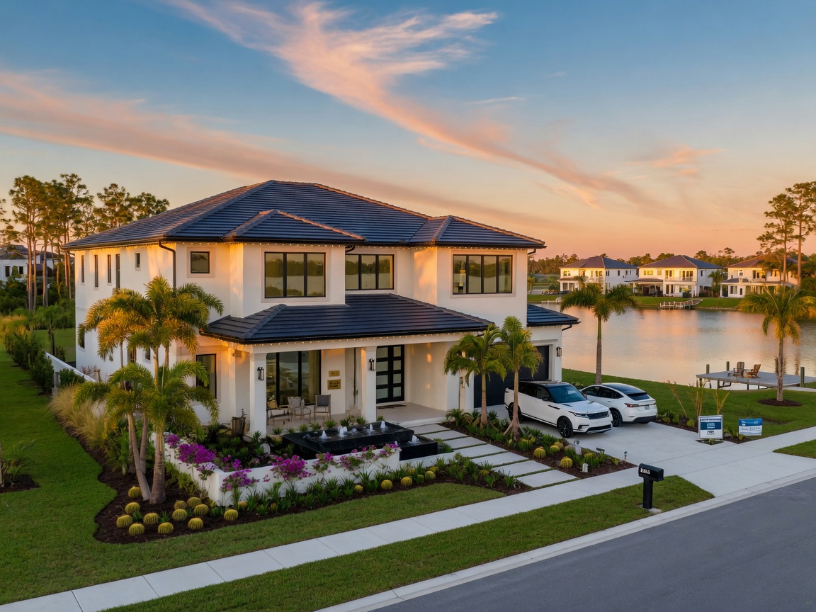 Ultra-realistic 8K photo of a modern new construction home in Estero Florida with lake view at golden hour, beautiful landscaping, luxury curb appeal, blue sky with soft clouds