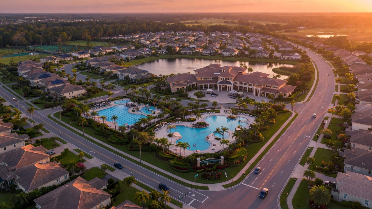 Ultra-realistic 8K aerial photograph of Estero Florida master-planned community with modern homes, resort-style clubhouse, multiple swimming pools, and lush landscaping along Corkscrew Road at golden hour