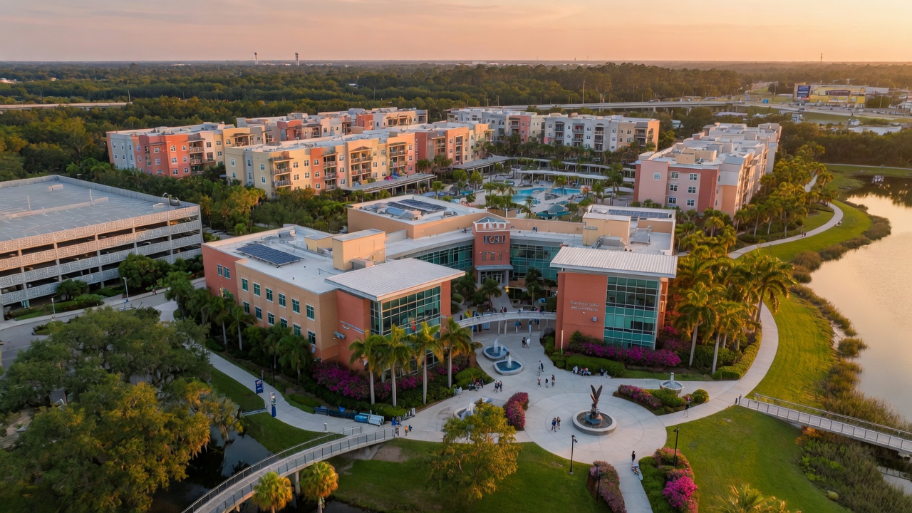 Ultra-realistic 8K aerial photograph of Florida Gulf Coast University campus in Estero Florida with modern academic buildings surrounded by lush greenery and student housing complexes in the distance during golden hour lighting