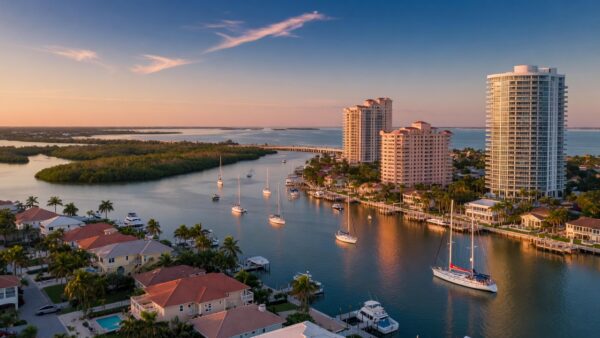 Ultra-realistic 8K aerial photograph of Fort Myers Florida coastline at golden hour showing waterfront homes, luxury high-rises, and sailboats on the Caloosahatchee River with clear blue skies and distant mangroves