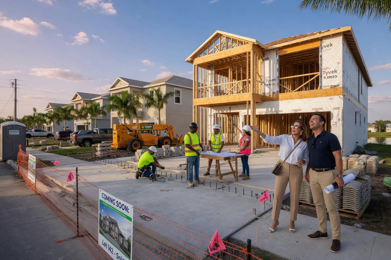 Realistic 8K photograph of new construction home building site in Kingston community Estero Florida with construction crew and future homeowner