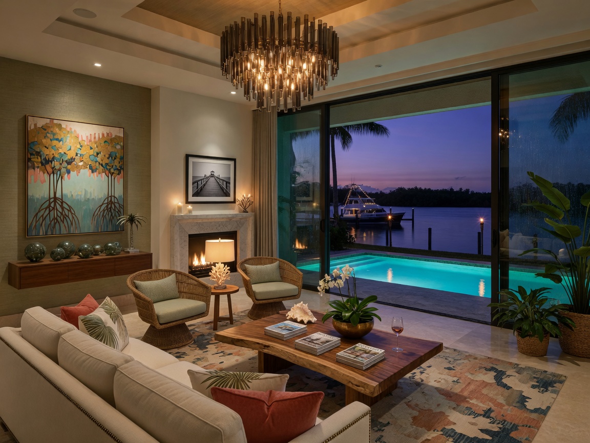 Ultra-realistic 8K evening shot of a beautifully staged luxury living room in a Southwest Florida home with floor-to-ceiling windows overlooking a lit swimming pool and canal