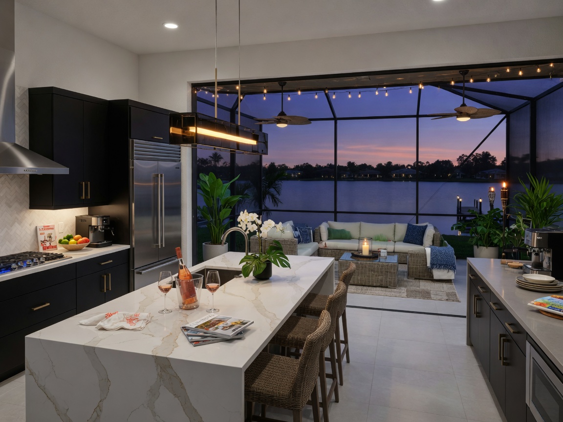 Ultra realistic 8K image of modern open concept kitchen and lanai in a new Estero Florida home with lake view at dusk