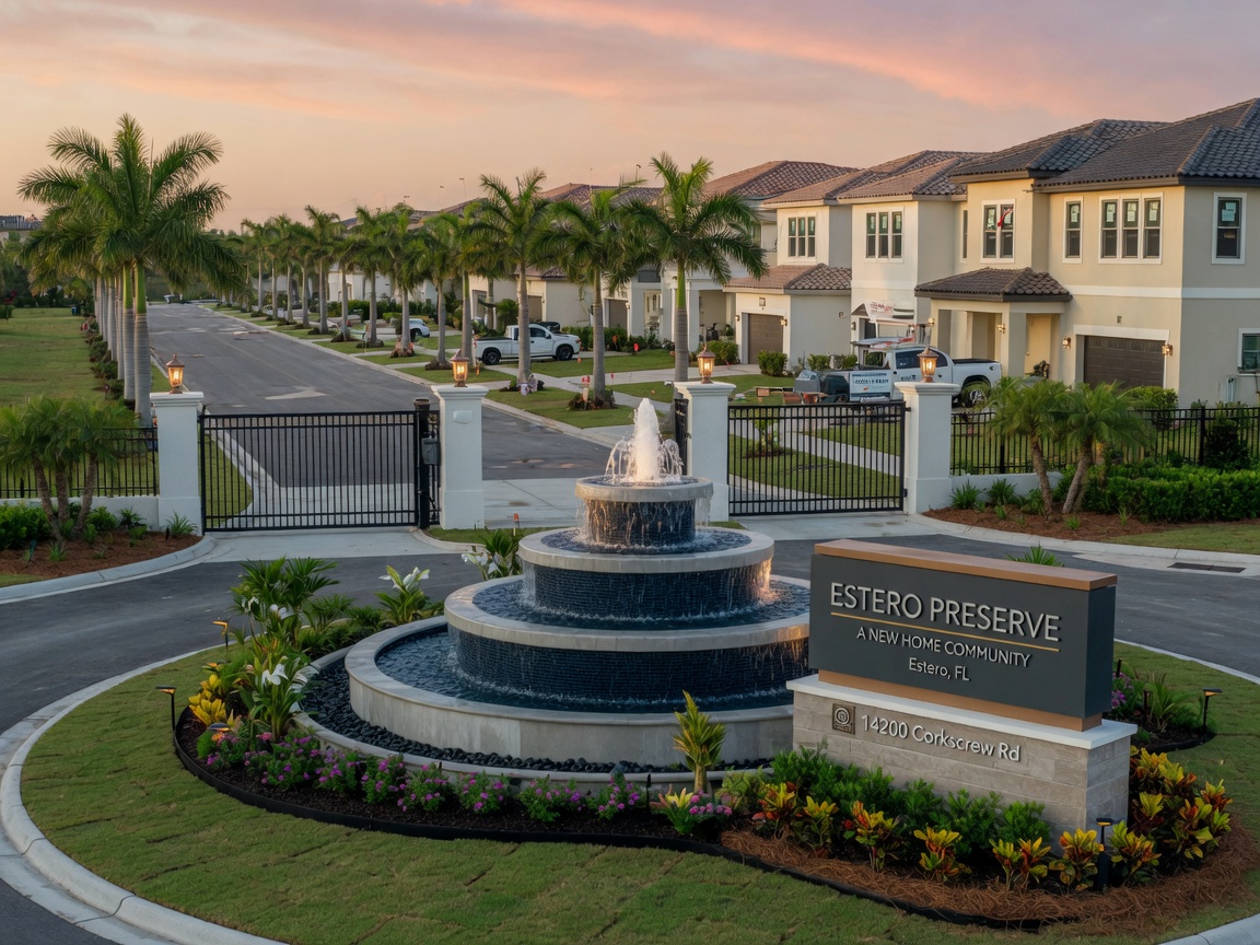 Ultra-realistic 8K image of new construction community entrance in Estero Florida with modern signage, lush landscaping, fountain, and upscale homes visible in background