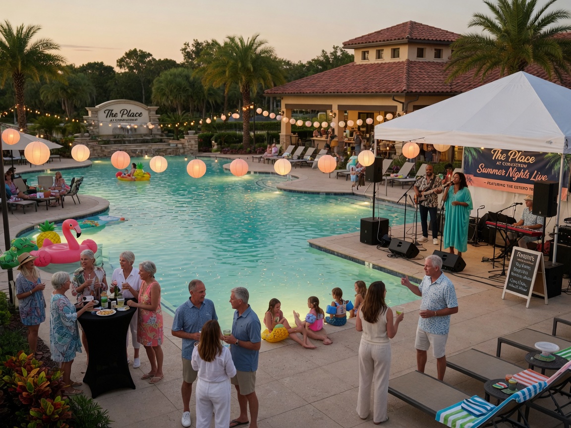 Realistic 8K photo of community event at The Place at Corkscrew in Estero Florida with live music and residents socializing by the pool